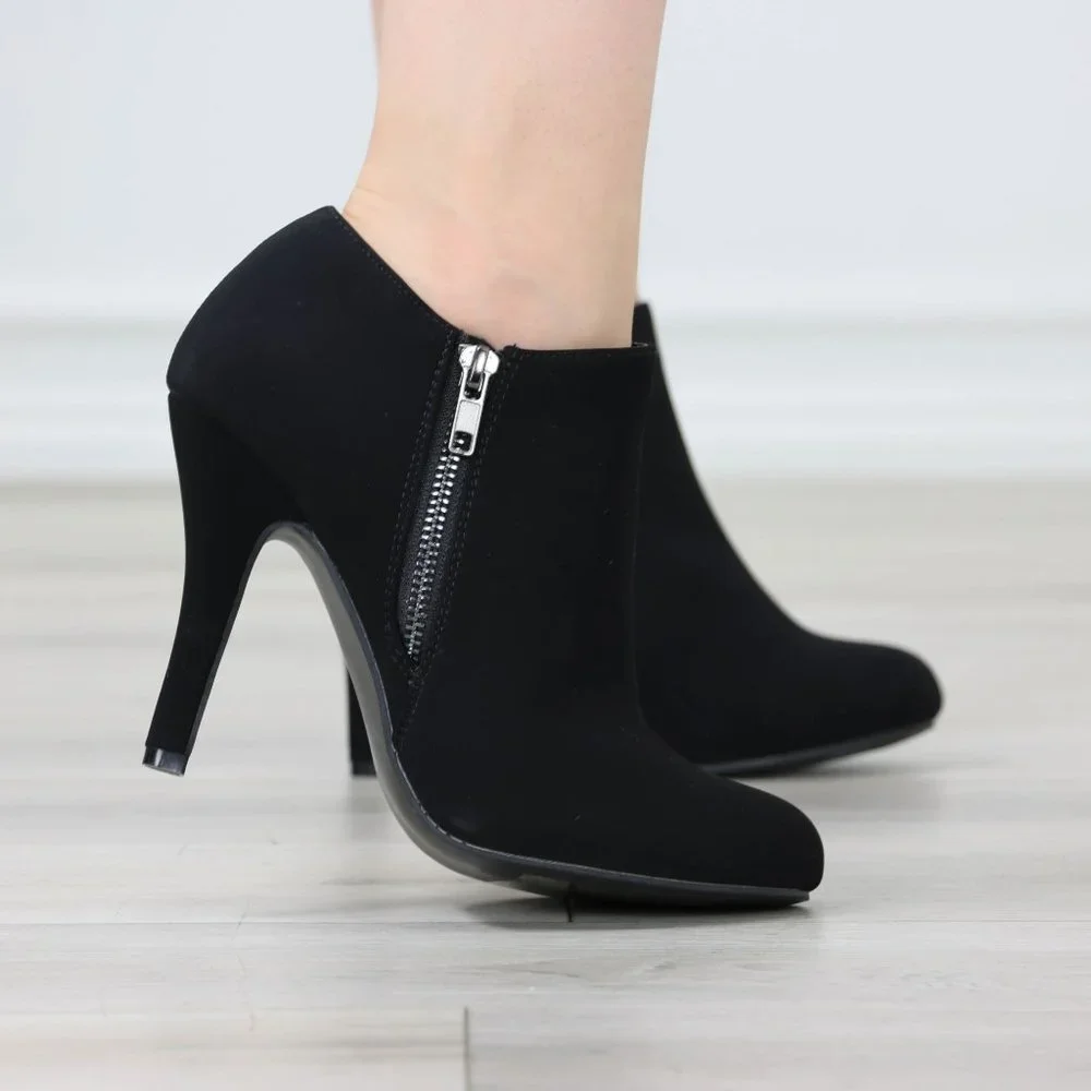 Women's Boots Heeled Ankle Booties Black Velvet Round Toe Stiletto High Heel - Picture 10 of 11